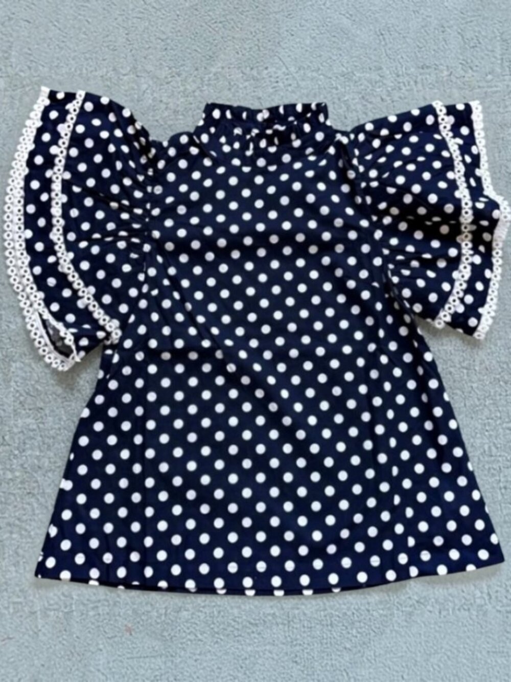 Prosperina Size S Blue Polka Dot Flutter Sleeve High Neck Blouse Lace Trim